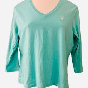 Ralph Lauren Sport Jersey 3/4 sleeve Tee Women's sz L Aqua Green V-Neck, EUC